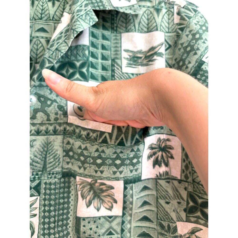 Islands Cotton Hawaiian Shirt Aloha Button Sage Green Patchwork S Vtg Retro Palm - Picture 3 of 7